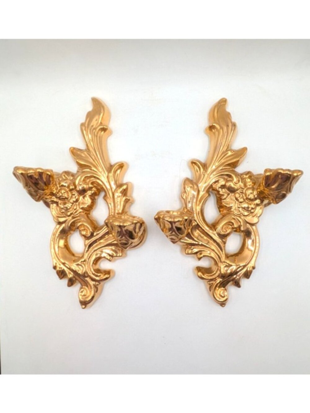 Pair Vintage Ornate Ceramic Candle Wall Sconces Gold Hollywood Regency MCM 12"